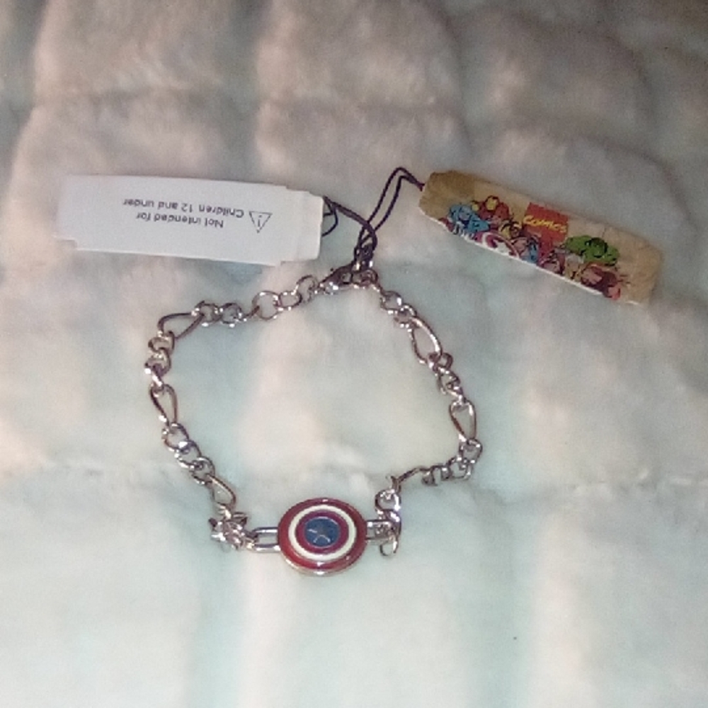 Silver Chain Bracelet with Red and Blue Emblem
